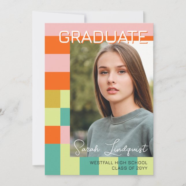 Invitation Modern Pink Orange Color Blocks Photo Graduation (Devant)