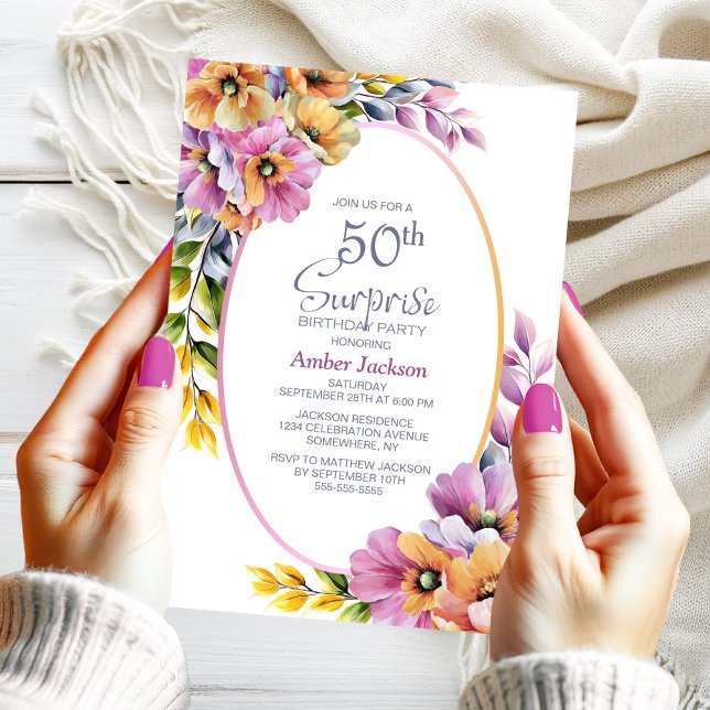 Invitation Modern Pink Orange Floral Surprise 50th Birthday (Créateur téléchargé)