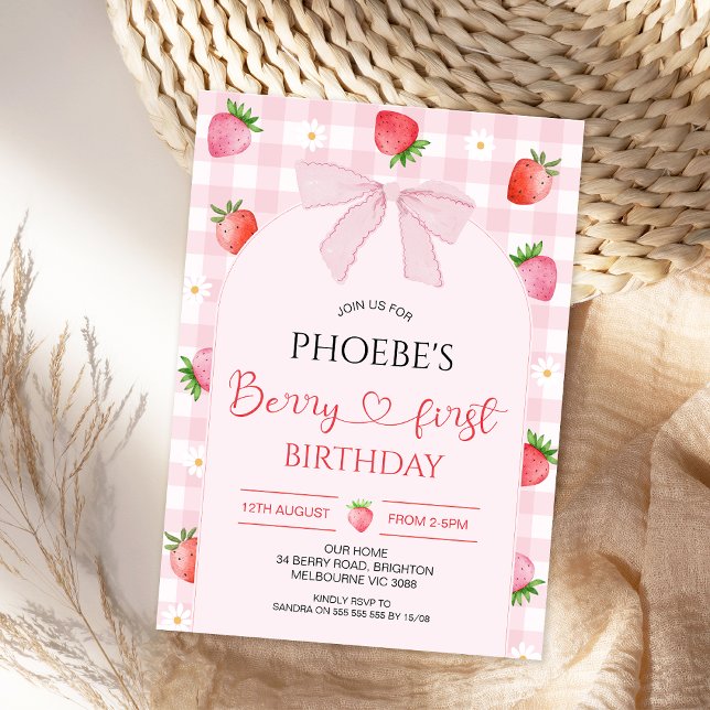 Invitation Modern Pink Plaid Arch Berry First Birthday (Berry First Birthday Invitation, Berry First Birthday Invite, Strawberry First Birthday Invitation )