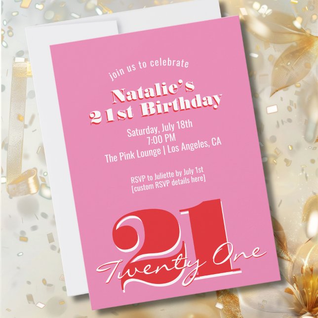 Invitation Modern Pink Red Minimalist 21st Birthday (Créateur téléchargé)