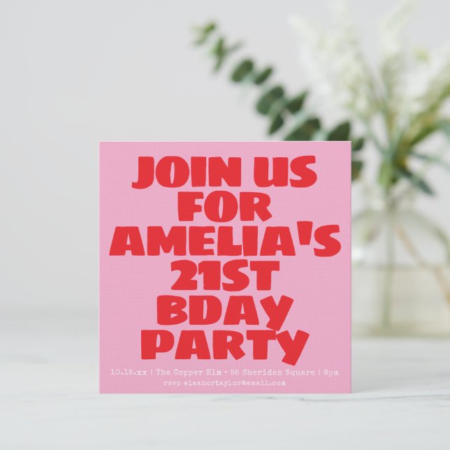 Invitation Modern Pink Red Photo Playful Bold Birthday 21st (Debout devant)