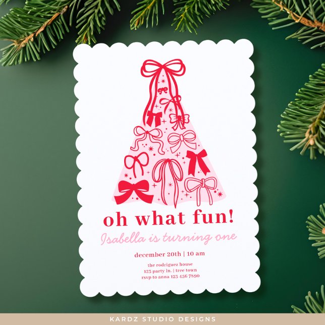Invitation Modern Pink Red Tree Bow First Birthday (Invitation shown in 5 x 7 inches with a scallop frame. Personalize and choose paper and corner style)