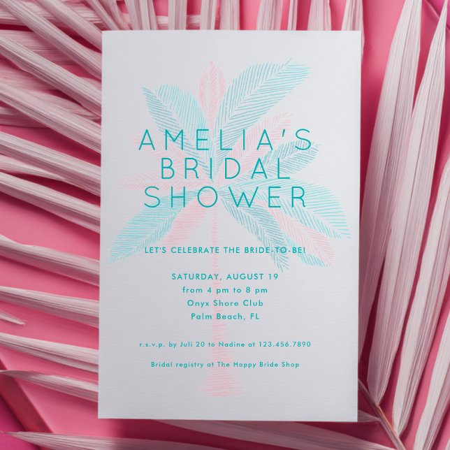 Invitation Modern Pink Turquoise Palm Tree Bridal Shower (Créateur téléchargé)