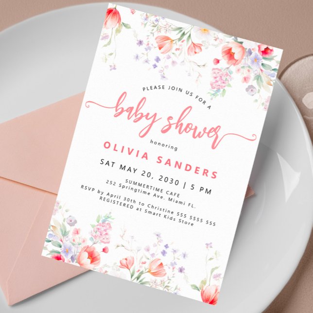 Invitation Modern pink watercolor floral girl baby shower (Créateur téléchargé)