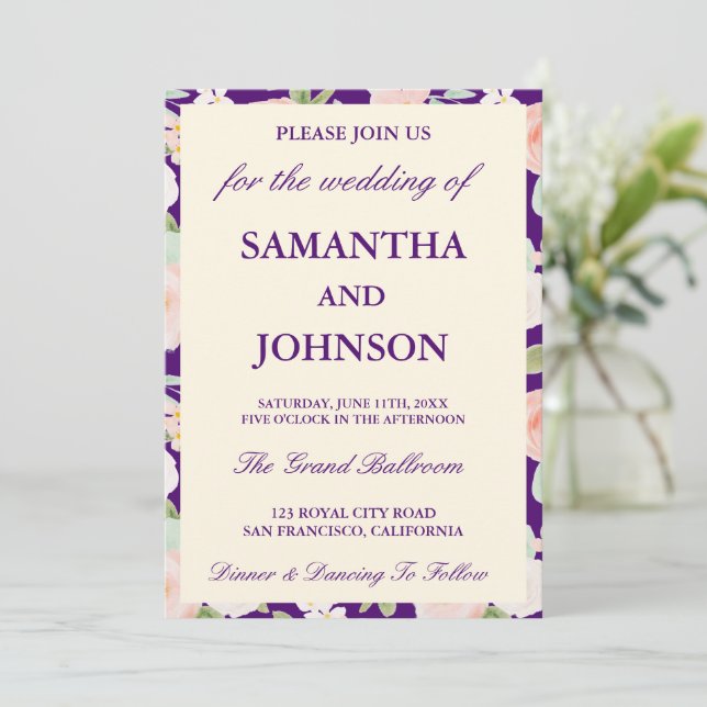 Invitation Modern purple Ivory Floral Monogram Wedding (Debout devant)