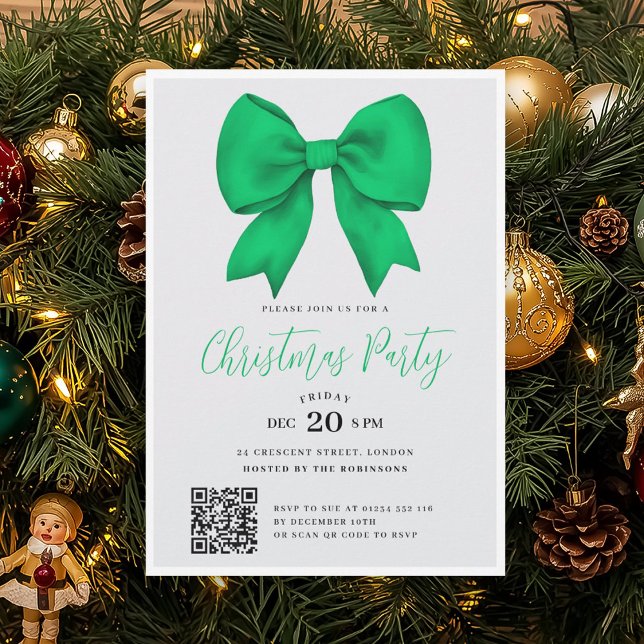 Invitation Modern QR Green Holiday Bow Christmas Party (Créateur téléchargé)