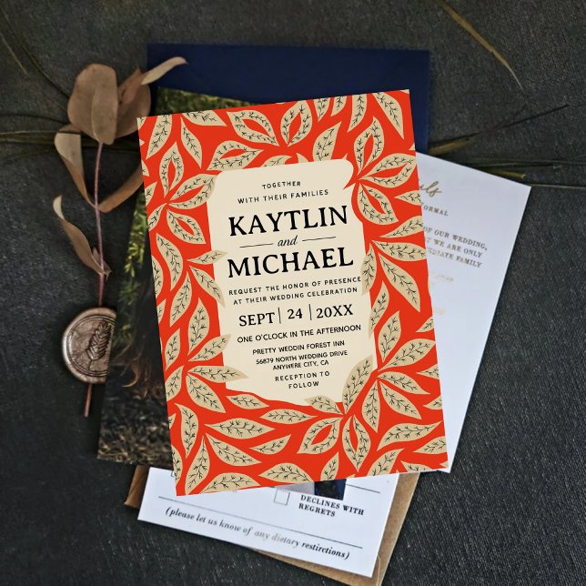 Invitation Modern Red Botanical Elegant Leaf  (Créateur téléchargé)