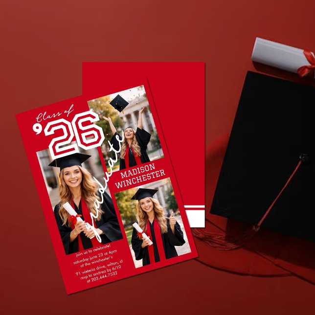Invitation Modern Red Class of 2026 3-Photo Graduation Invite (Créateur téléchargé)