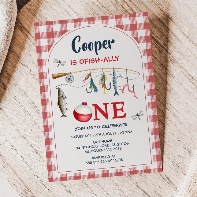 Invitation Modern Red Gingham Ofishally One 1st Birthday (Ofishally One Invitation Template, Ofishally One Invite, Boys Birthday Invitation Ofishally One
)