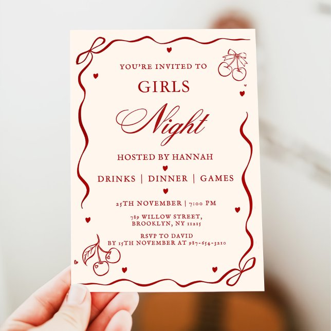 Invitation Modern Red Girls Night Dinner Party  (Créateur téléchargé)