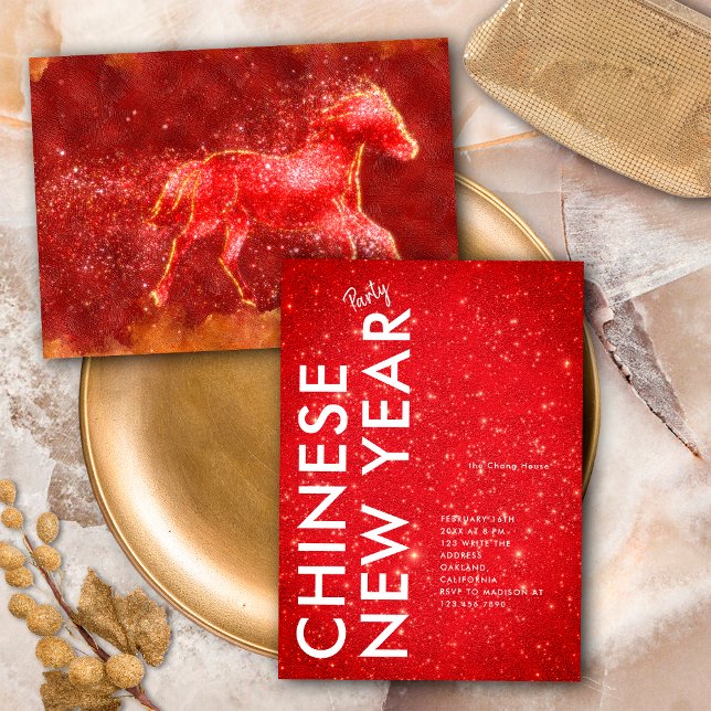 Invitation Modern Red Gold Glitter Horse 2026 Lunar New Year (Créateur téléchargé)