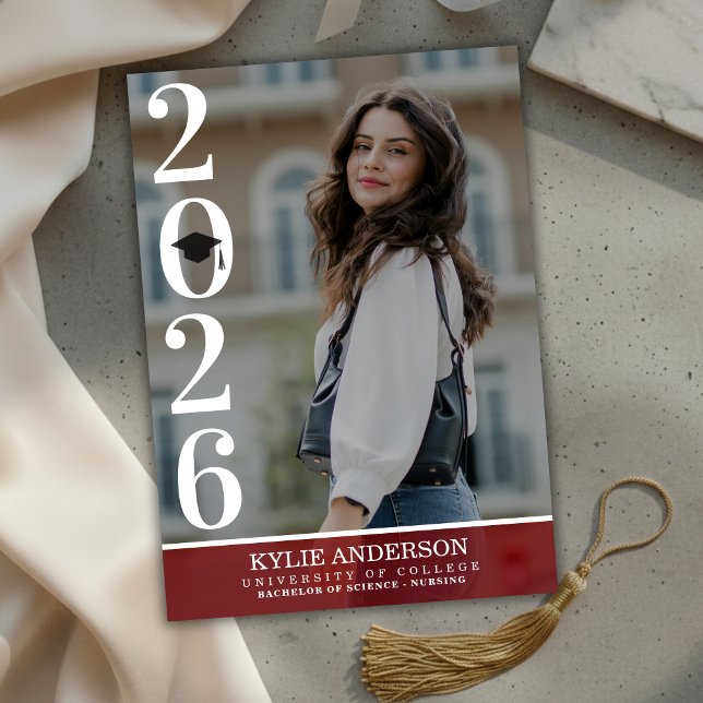 Invitation Modern Red Graduation Cap Senior Photo (Modern Red Graduation Cap Senior Photo Invitation)