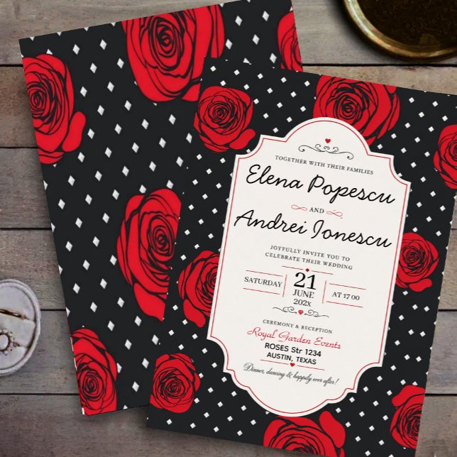 Invitation Modern Red Rose Elegant Black and Red Romantic  (Créateur téléchargé)