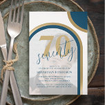 Invitation Modern Retro Blue And Gold Photo Birthday<br><div class="desc">These minimlistic retro 70th birthday invitations, are perfect for a birthday celebration. The invitations feature a retro theme with shades of blue and gold. A modern birthday party invitation template over your photo framed with arches in modern blue and gold tones. The font styles and color can be changed by...</div>