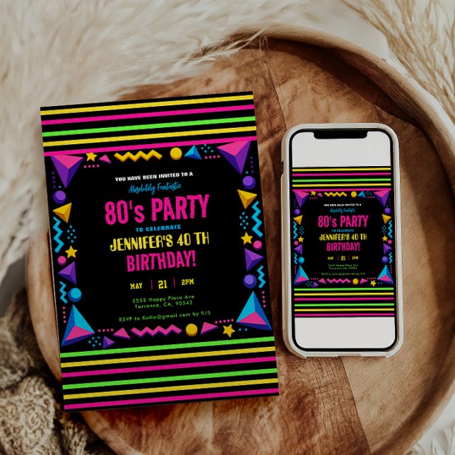 Invitation Modern Retro Neon 80's Birthday Party (Modern Retro Neon 80's Birthday Party Invitation
)