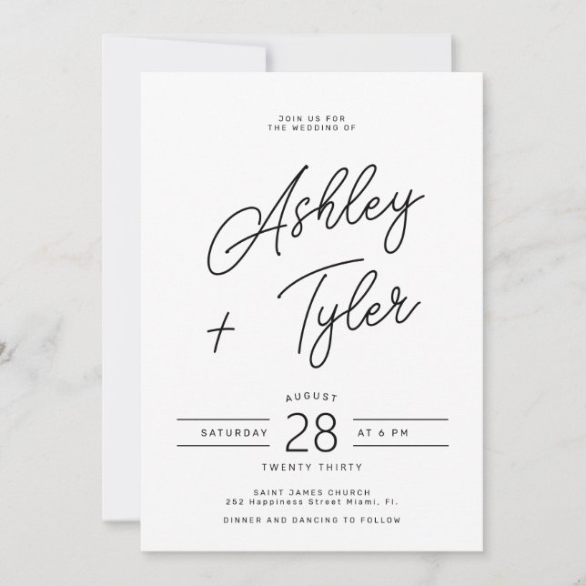 Invitation Modern retro whimsical script all in one wedding (Devant)