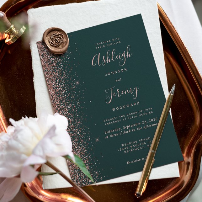 Invitation Modern Rose Gold Glitter Edge Dark Green Wedding (Créateur téléchargé)