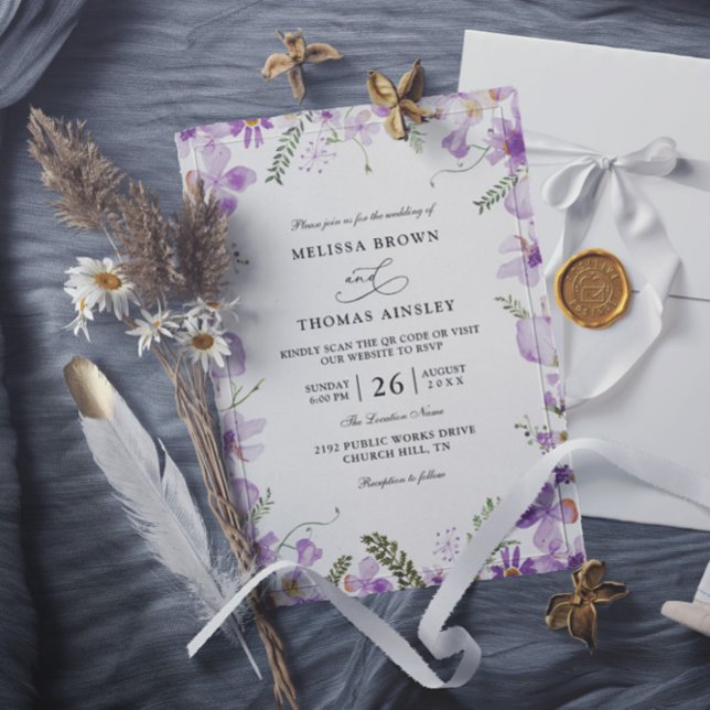 Invitation Modern Rustic Purple Flower Budget QR Code Wedding (Créateur téléchargé)