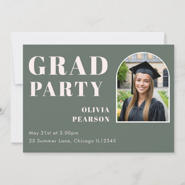 Invitation Modern Sage Green Blush Pink Arch Photo Grad Party (Devant)