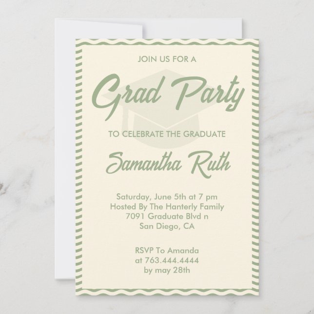 Invitation Modern Sage Green Wavy Stripe Graduation Party (Devant)