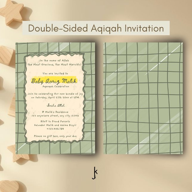 Invitation Modern Sage Plaid Aqiqah New Born Baby Celebration (Créateur téléchargé)