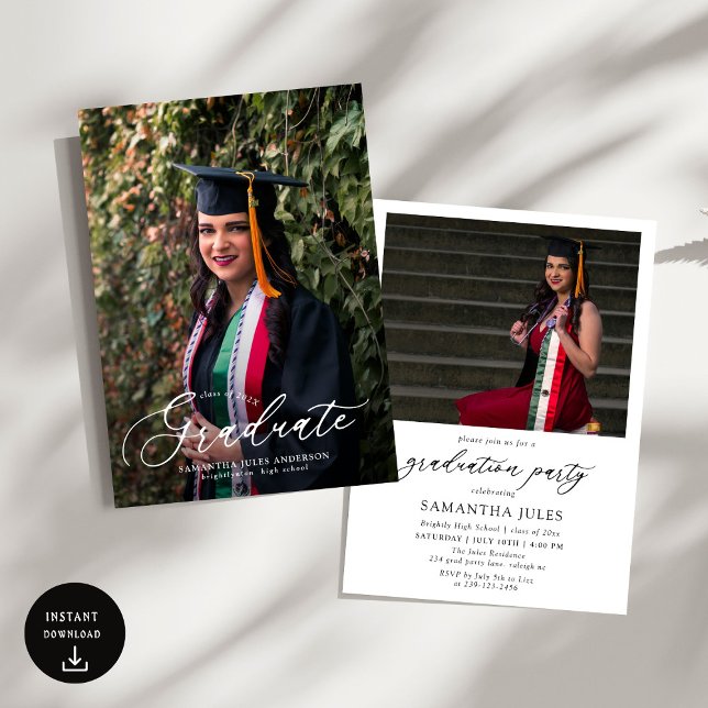 Invitation Modern Script 2 Photos Graduation Party (Créateur téléchargé)