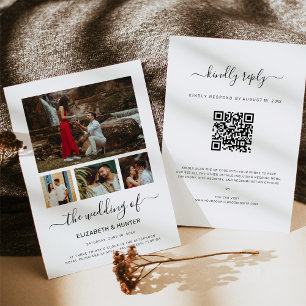 Invitation Modern Script 4 Photo Collage QR Code RSVP Mariage