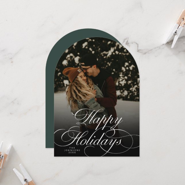 Invitation Modern Script & Arch 1 Photo Green Christmas Card (Devant/Arrière en situation)