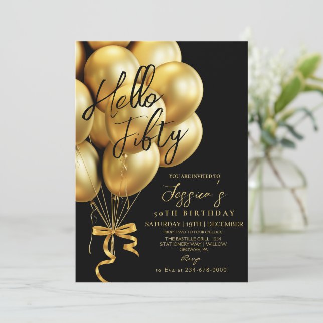 Invitation Modern Script Black Hello Fifty Birthday  (Debout devant)
