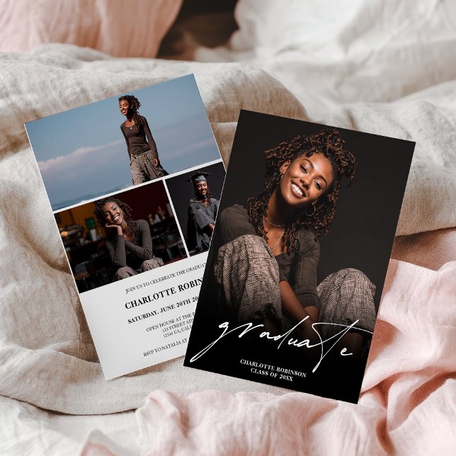 Invitation Modern Script Black White 4 Photo Graduation (Modern Script Black White 4 Photo Graduation Invitation)