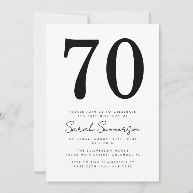 Invitation Modern Script Black White Seventy 70th Birthday (Devant)