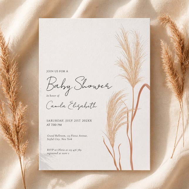 Invitation Modern Script Boho Pampas Grass Baby Shower (Créateur téléchargé)