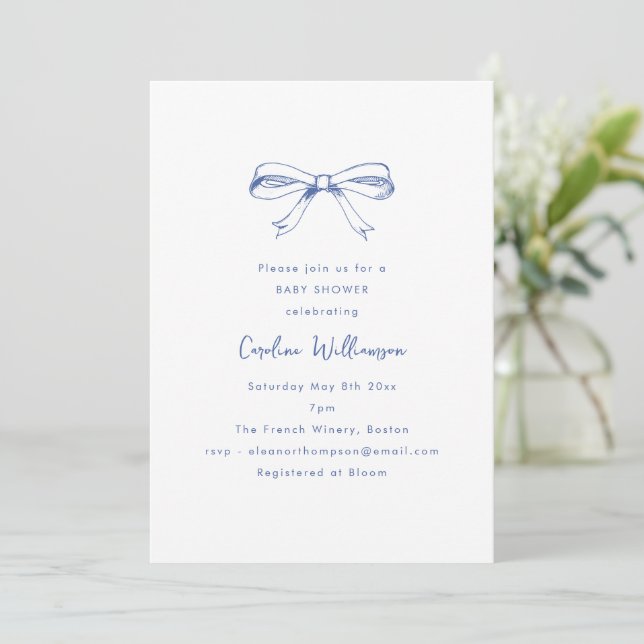 Invitation Modern Script Coquette Bow Blue Baby Shower (Debout devant)