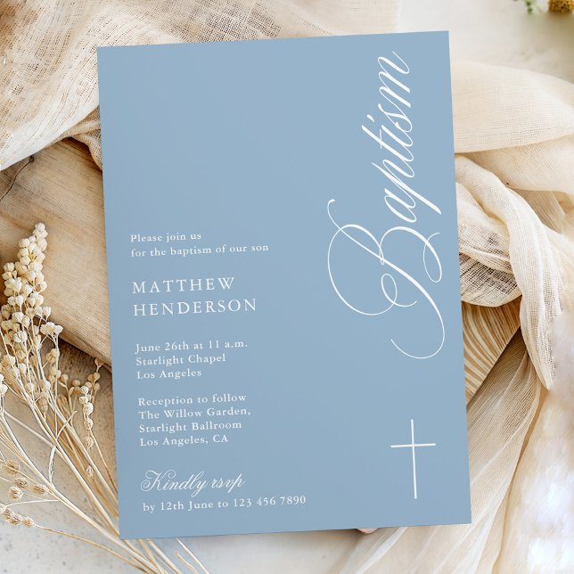 Invitation Modern Script Dusty Blue Boys Baptism Invi (Créateur téléchargé)