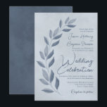 Invitation Modern Script Dusty Blue & Pewter Leaves Wedding<br><div class="desc">These wedding invitation features a modern design with right justified text and a sprig of hand painted leaves in shades of steel blue and pewter. The lettering features a modern script font and the marbled dusty blue background adds texture and depth. Simple, rustic, unique, and chic, this invitation is a...</div>