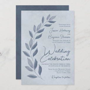 Invitation Modern Script Dusty Blue & Pewter Leaves Wedding