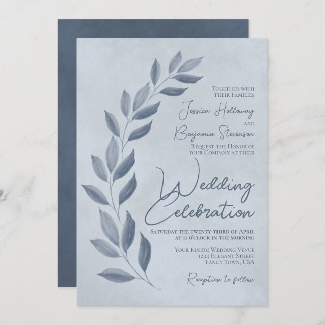 Invitation Modern Script Dusty Blue & Pewter Leaves Wedding (Devant / Derrière)