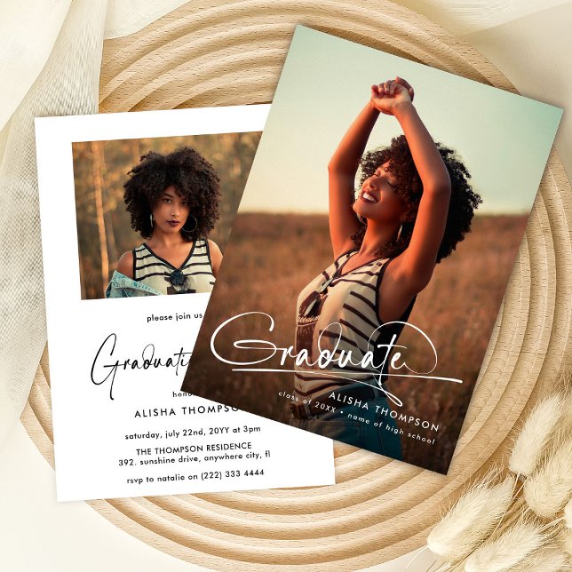 Invitation Modern Script Graduate 2 Photo Graduate Party (Créateur téléchargé)