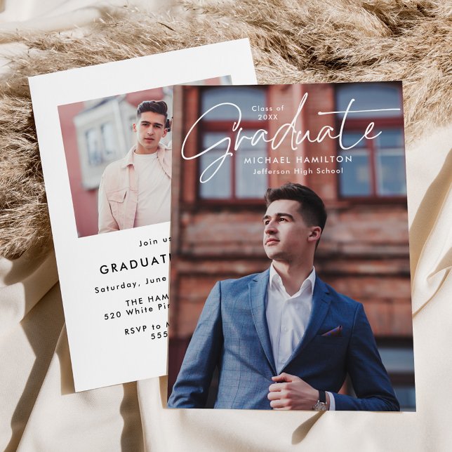 Invitation Modern Script Graduate 2 Photo Graduate Party (Créateur téléchargé)