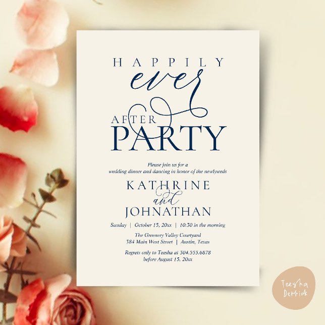 Invitation Modern Script Happily Ever After Party Elopement (Modern Script Happily Ever After Dinner Party Elopement Invitation Card in Navy Blue Ivory)