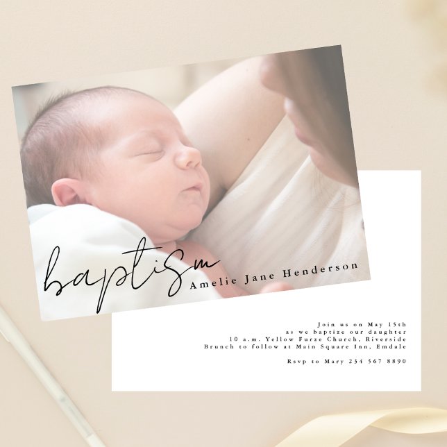 Invitation Modern Script Hazy Photo Elegant Baptism (Créateur téléchargé)