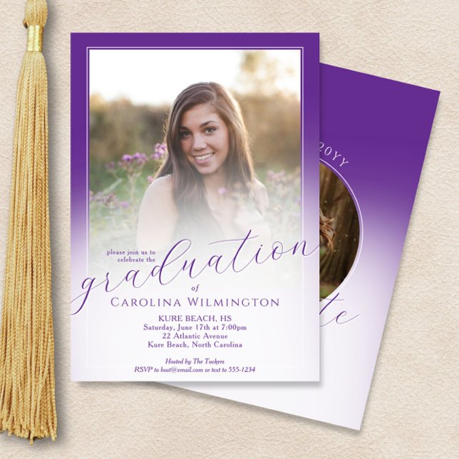 Invitation Modern Script Purple Ombre Photo Graduation (Créateur téléchargé)