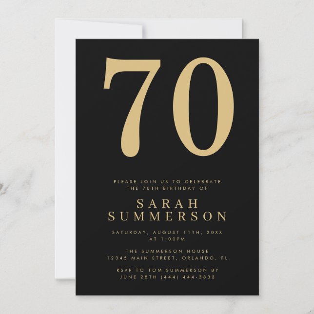 Invitation Modern Seventieth Black Gold 70 Birthday Party (Devant)