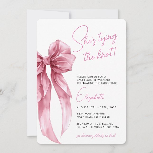 Invitation Modern She's Tying the Knot Bow Bachelorette Party (Devant)