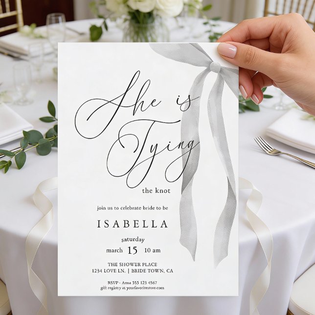 Invitation Modern She's Tying The Knot Bow Bridal Shower (Front of invite shown in 5 x 7 inches, choose size, paper, and corner style.
)