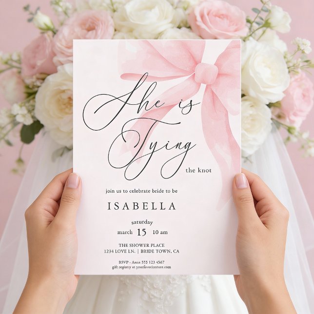 Invitation Modern She's Tying The Knot Pink Bow Bridal Shower (Front of invite shown in 5 x 7 inches, choose size, paper, and corner style.
)
