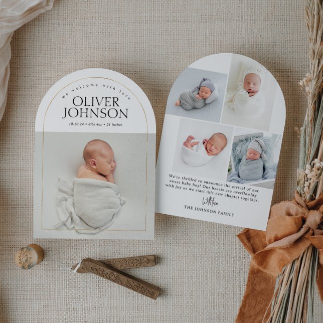 Invitation Modern Simple Golden Arch Baby Photo Birth (Créateur téléchargé)