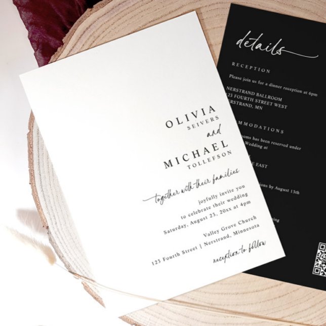 Invitation Modern Simple Handwriting All in One Wedding (Minimalist black and white wedding invite with right-aligned handwritten script and QR code on back)