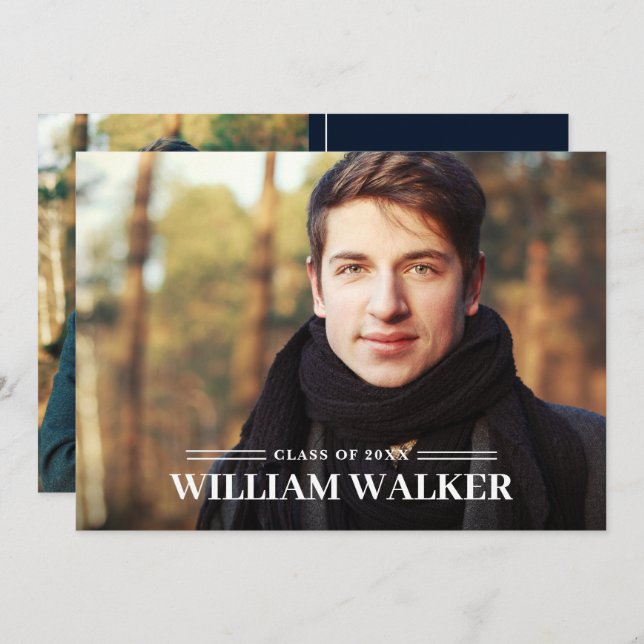 Invitation Modern Simple Navy 2 PHOTO Graduation Party (Devant / Derrière)