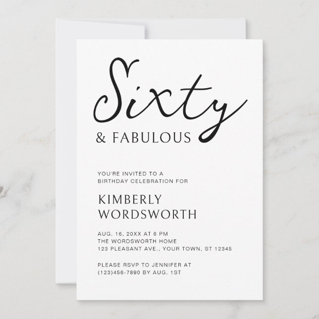 Invitation Modern Sixty and Fabulous Script 60th Birthday (Devant)